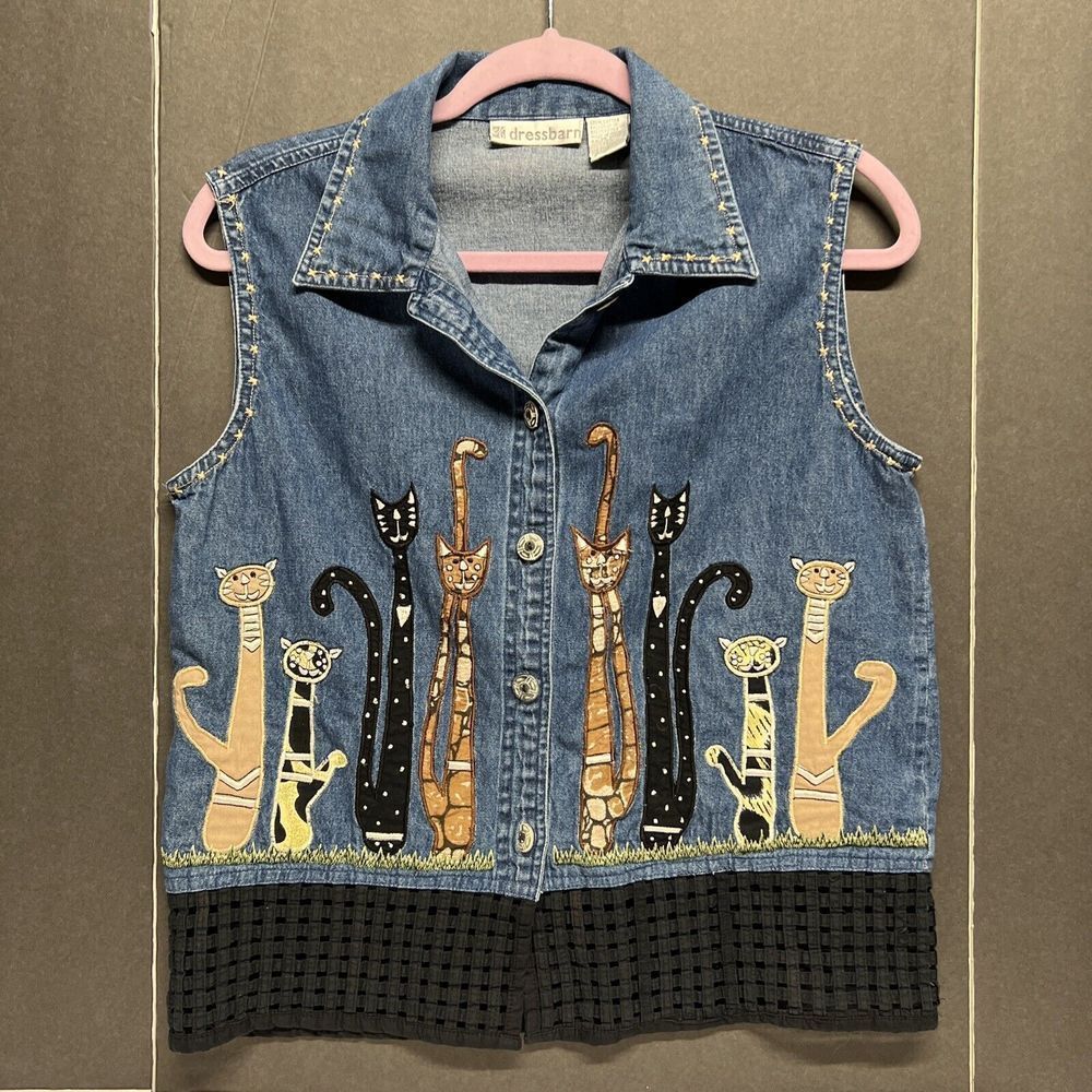 Dressbarn Cat Embroidered Appliqué Denim Jean Vest Shirt Weave Hem Women’s Large